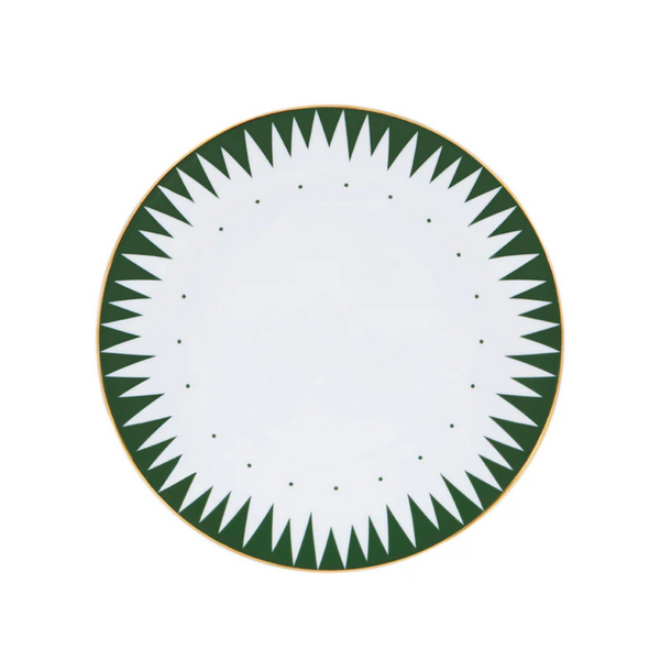 The Molecot Punk Dinnerware Green plate is crafted from white Limoges porcelain, featuring a gold rim and a green geometric sawtooth pattern along the edge.