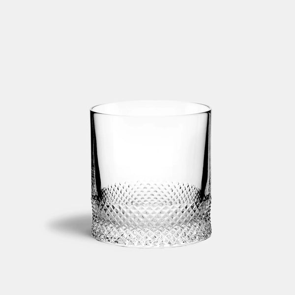The Richard Brendon Diamond DOF is a clear, cylindrical Old Fashioned glass tumbler with a diamond-patterned textured base, shown on a plain light gray background.