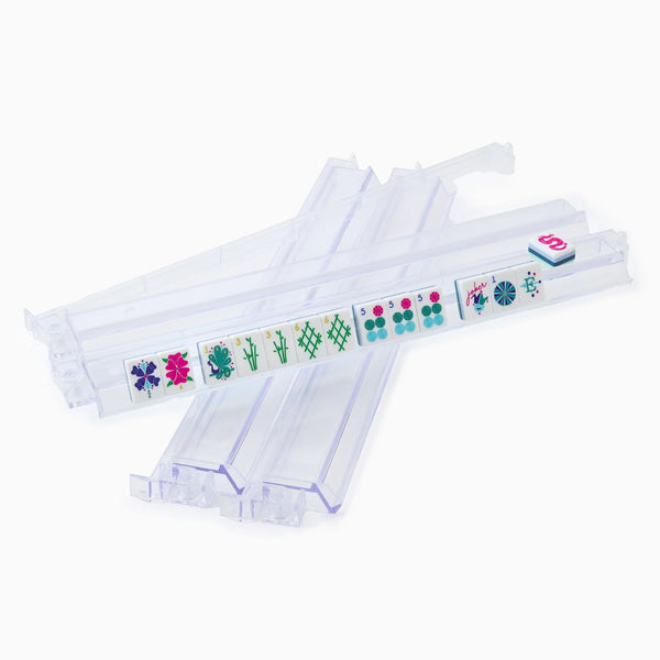 The Oh My Mahjong Mahjong Rack & Pusher Set - Clear features clear plastic racks, perfect for displaying colorful tiles—essential accessories for any American Mahjong game.