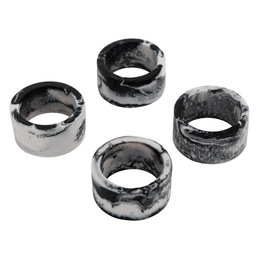 The Godinger Radiant Resin Black and White Napkin Ring Set of 4 features a bold marbled pattern, adding modern style to any table setting.