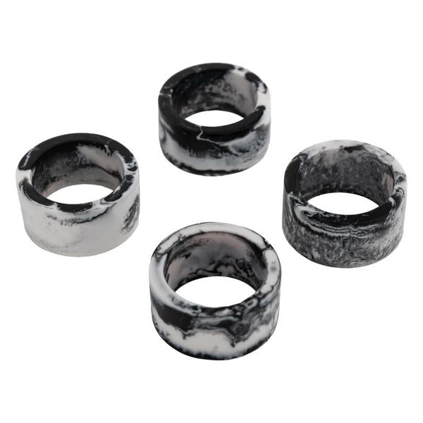 The Godinger Radiant Resin Black and White Napkin Ring Set of 4 features a bold marbled pattern, adding modern style to any table setting.