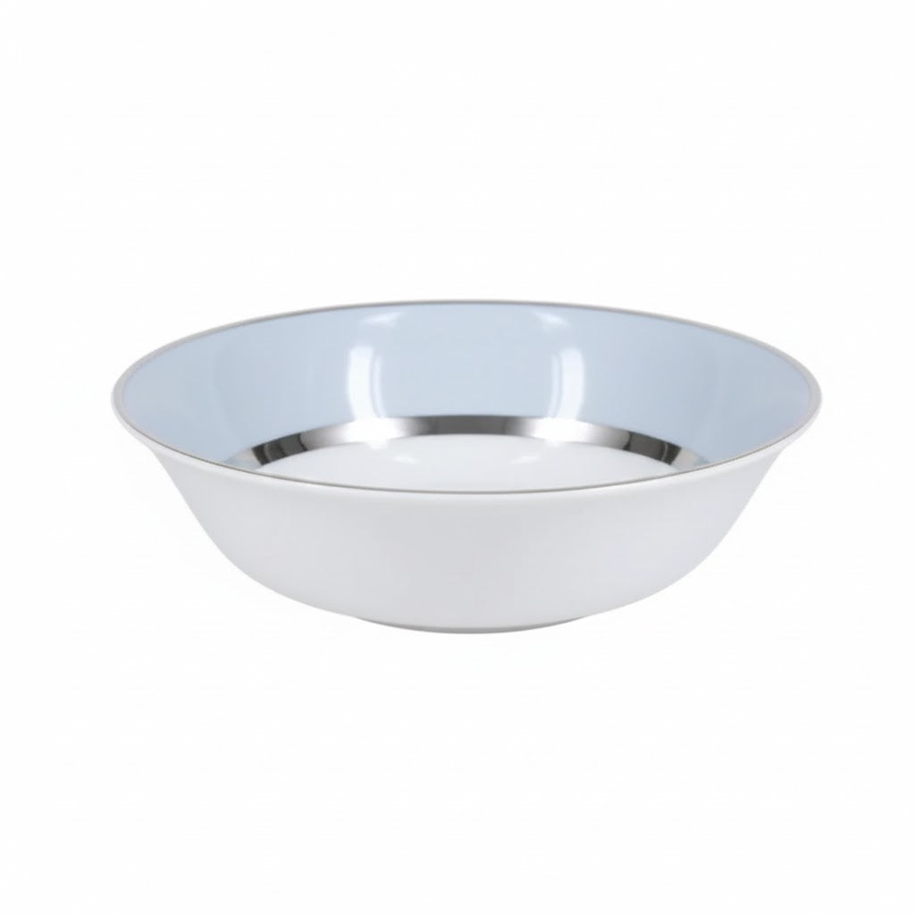 The Recamier MAK Grey & Platinum Dinnerware by Royal Limoges/Bia Cordon Bleu is a shallow, round, white Limoges porcelain bowl with a grey inner rim and handpainted platinum accent—a striking piece of modern dinnerware.