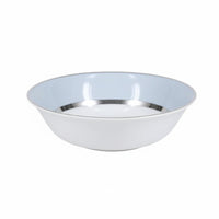 The Recamier MAK Grey & Platinum Dinnerware by Royal Limoges/Bia Cordon Bleu is a shallow, round, white Limoges porcelain bowl with a grey inner rim and handpainted platinum accent—a striking piece of modern dinnerware.