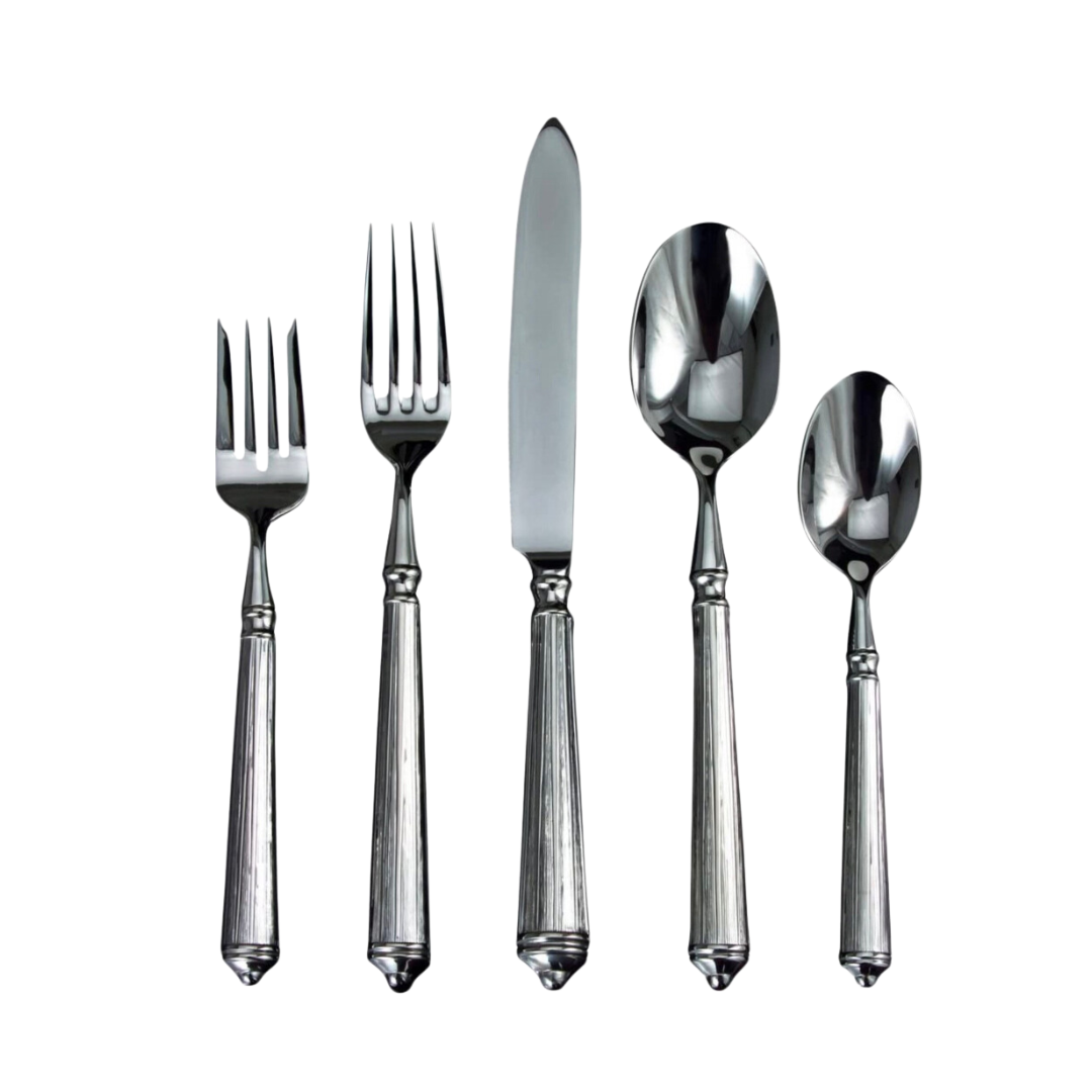 The Ricci Rialto Flatware 5-Piece Setting, made of silver-colored 18/10 stainless steel, is displayed on a white background with a salad fork, dinner fork, knife, soup spoon, and teaspoon side by side.