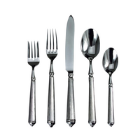 The Ricci Rialto Flatware 5-Piece Setting, made of silver-colored 18/10 stainless steel, is displayed on a white background with a salad fork, dinner fork, knife, soup spoon, and teaspoon side by side.