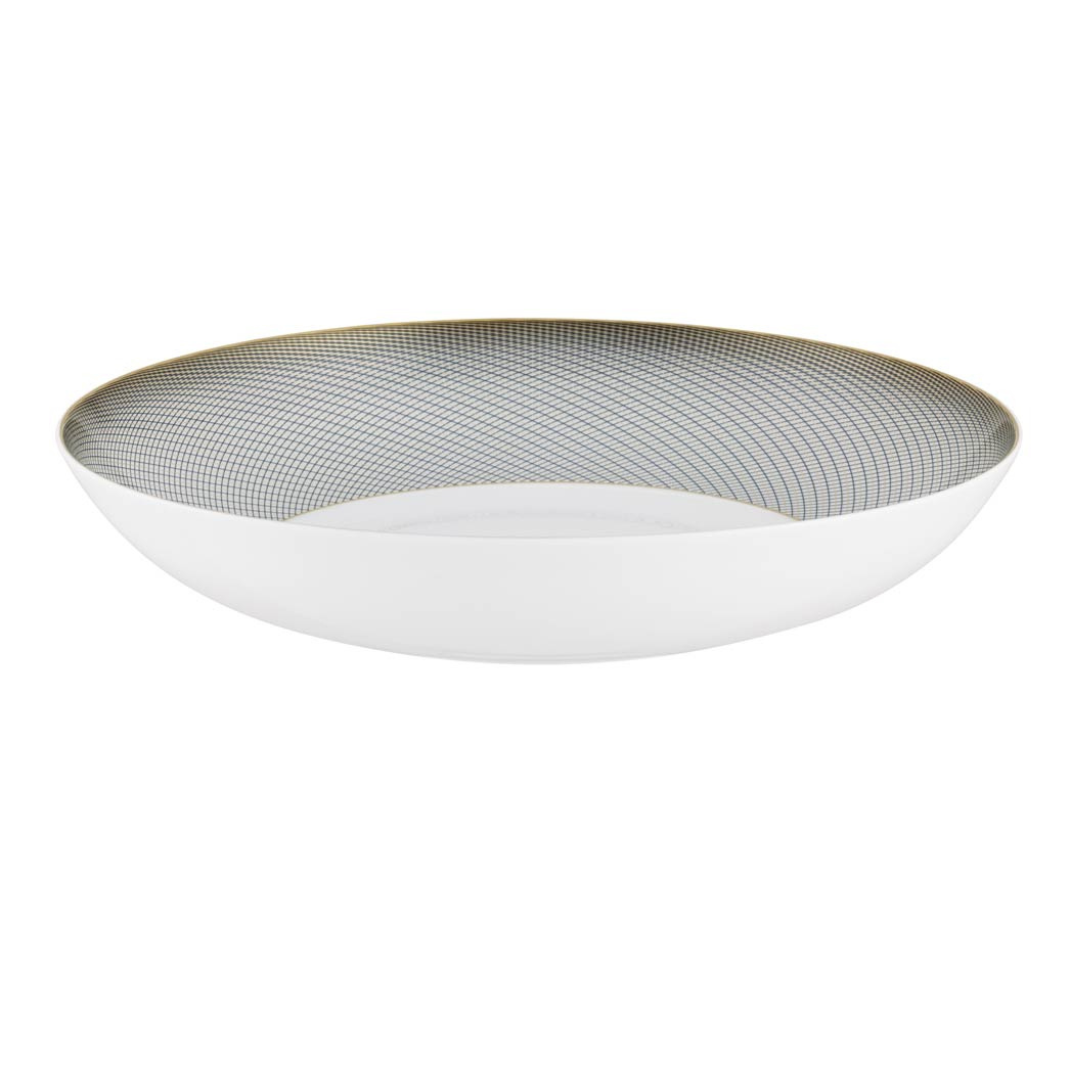 The Oskar Dinnerware shallow white bowl by Raynaud is crafted from Limoges porcelain, featuring a subtle gold and gray geometric grid pattern on the inner surface that fades toward the center. The outer surface remains plain and smooth.