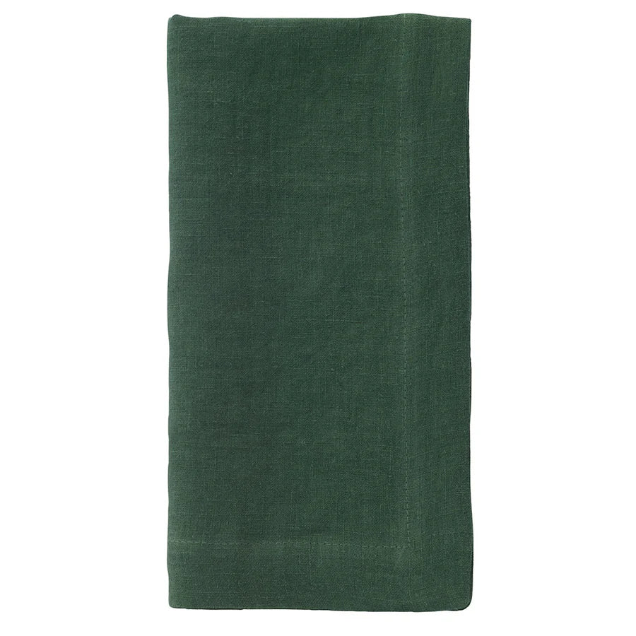 The Bodrum Riviera Napkin Set of 4 features neatly folded, dark green soft linen napkins displayed on a plain white background.