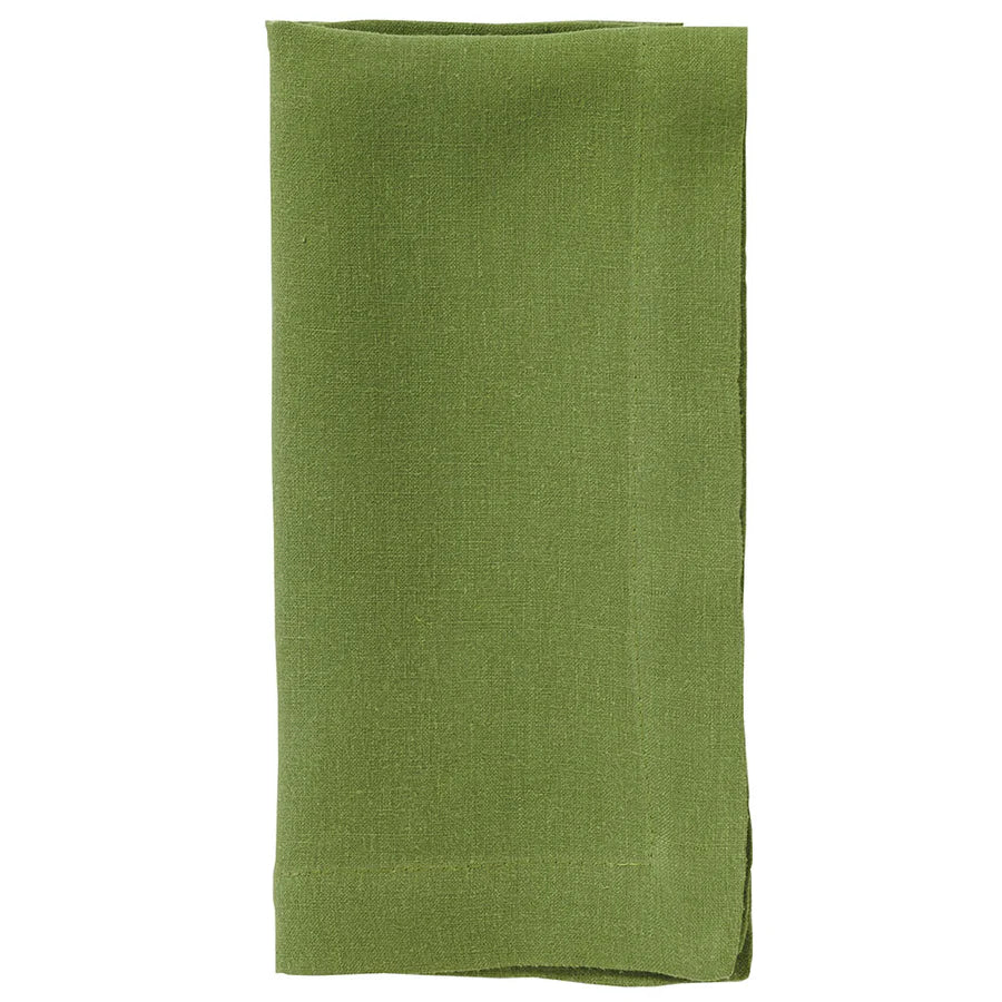 The Bodrum Riviera Napkin Set of 4 features softly textured, plain green linen napkins, neatly folded and displayed against a white background.