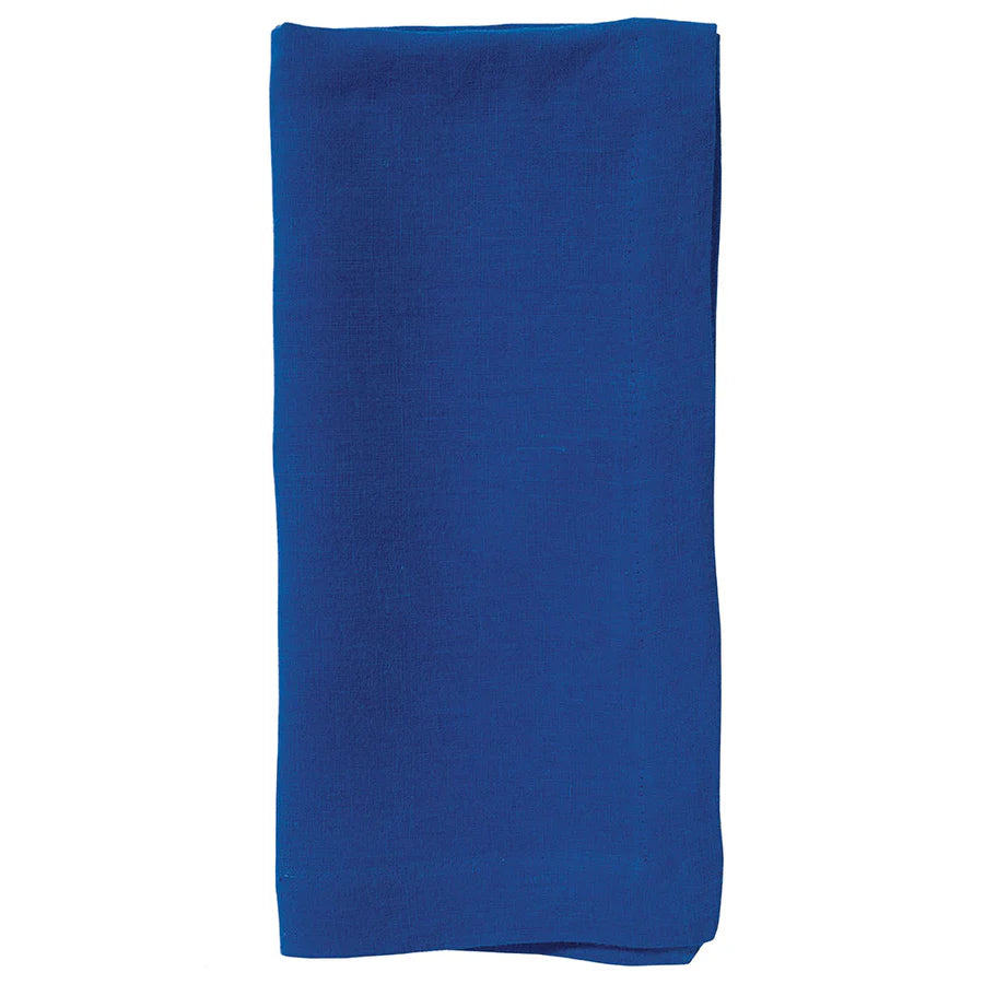 The Bodrum Riviera Napkin Set of 4 features solid blue, soft linen napkins, neatly folded and displayed on a white background—perfect for bringing elegant everyday style to your table.