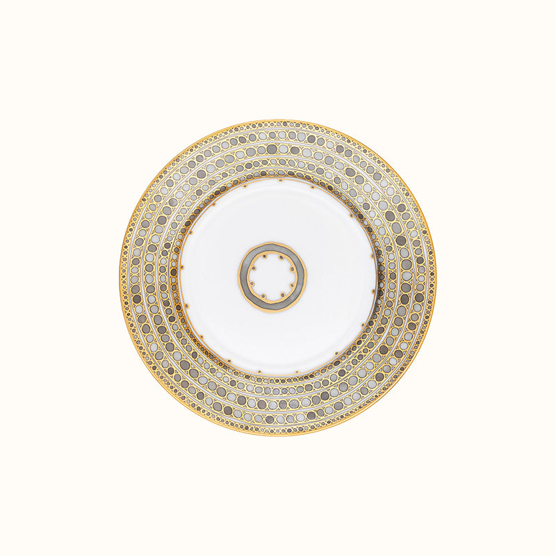 Haviland & Parlon Syracuse Dinnerware- Taupe dinner plate in white porcelain with a central grey ring, a wide border of alternating grey and gold circular patterns, and a thin gold rim.