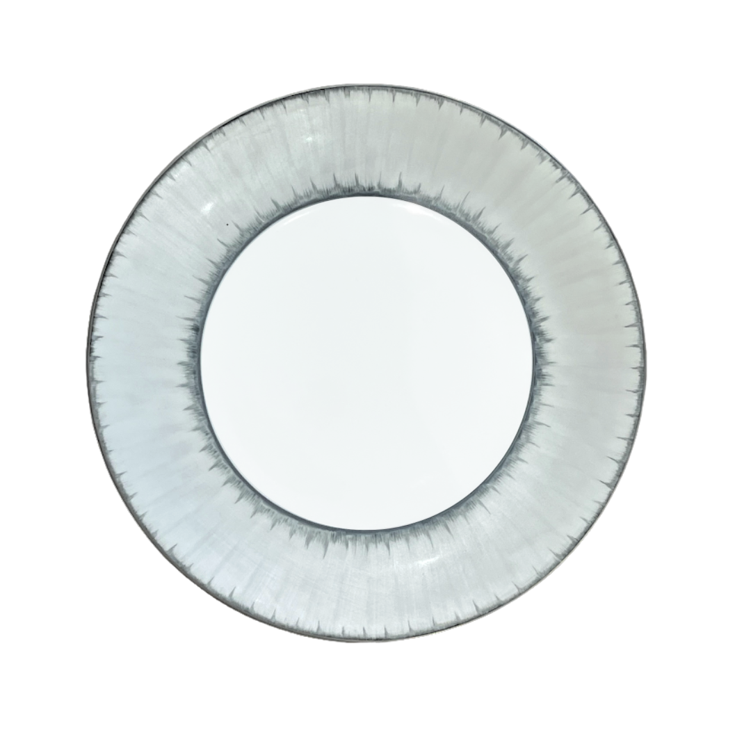 Round ceramic plate from the Marie Daage Ruban Dinnerware collection, featuring a white center and a textured platinum rim, shown from above on a white background.