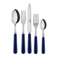 The Sabre Basic Flatware 5 Piece Setting by Sabre features stainless steel utensils with blue acrylic handles—tablespoon, dinner fork, dinner knife, salad fork, and teaspoon—displayed side by side on a white background.