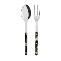 The Sabre Bistro Dune Salad Set includes a metal spoon and fork with polished 18/10 stainless steel tops and handcrafted acrylic handles in a black, white, and brown abstract pattern with silver rivets.