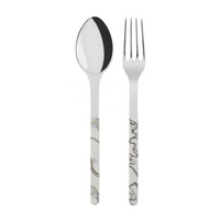 The Sabre Bistro Dune Salad Set includes a metal spoon and fork made from 18/10 stainless steel with shiny finishes and handcrafted acrylic handles in a wavy grey and black pattern.