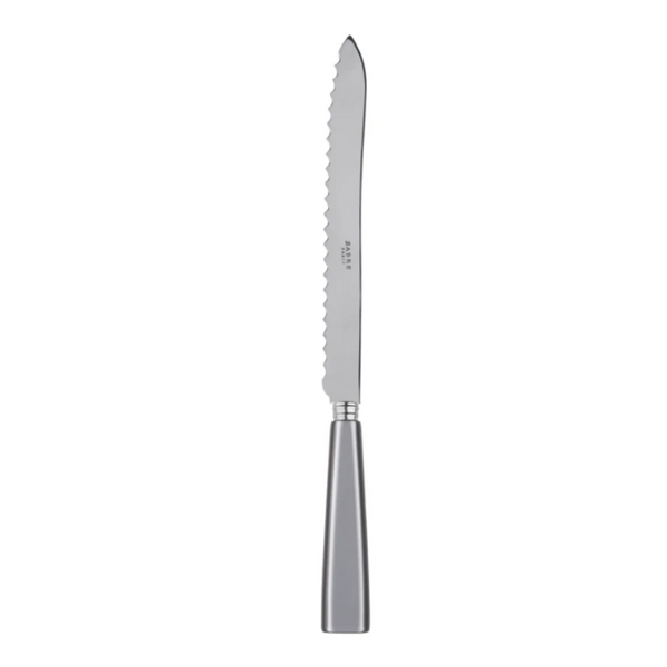 The Sabre Icone Bread Knife Light Grey, crafted in France from premium 18/10 stainless steel, features a serrated blade and metallic light grey handle, displayed against a plain white background.