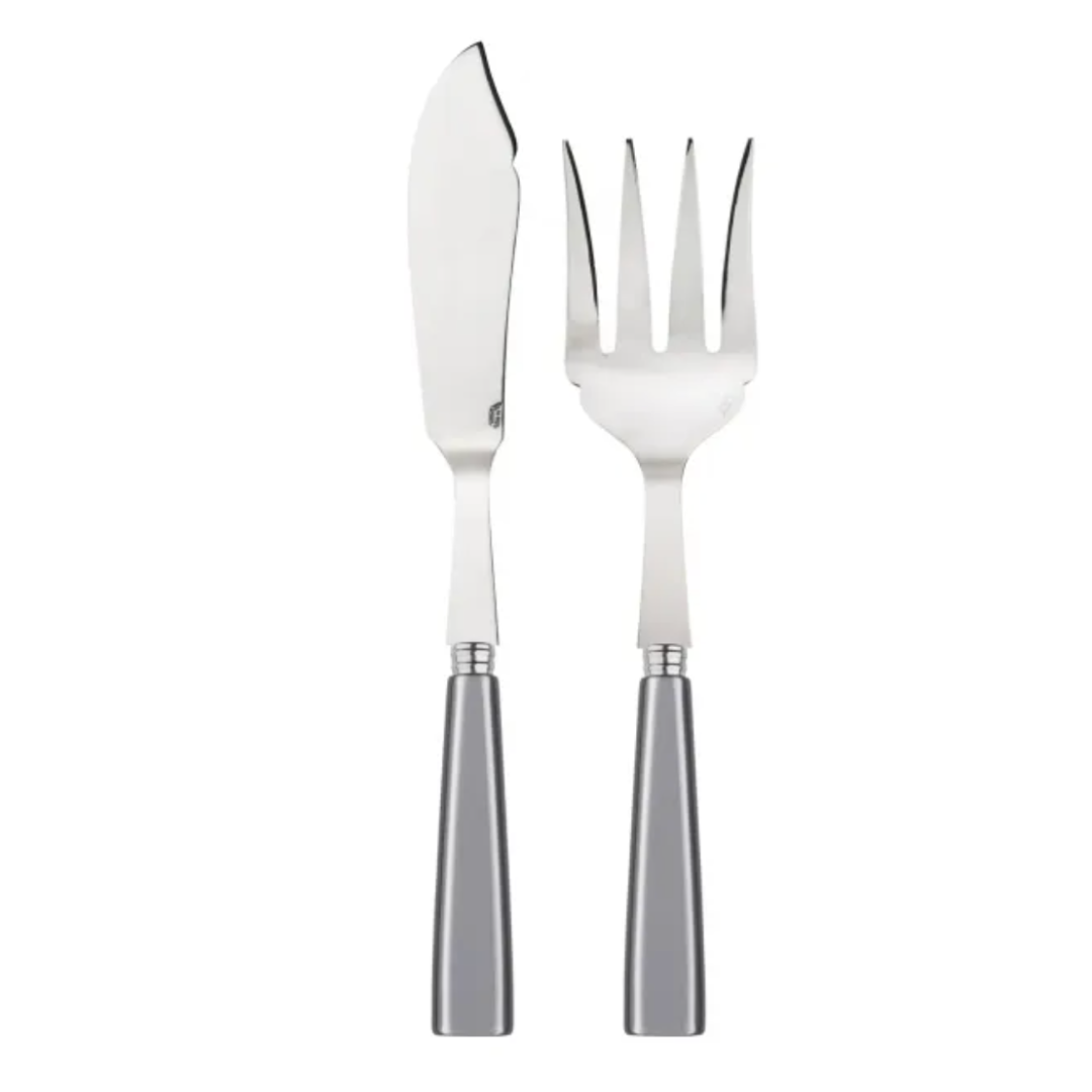 The Sabre Icone Fish Serving Set in Light Grey, featuring a stainless steel fish knife and fork with matching handles, is displayed side by side on a white background.