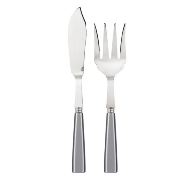 The Sabre Icone Fish Serving Set in Light Grey, featuring a stainless steel fish knife and fork with matching handles, is displayed side by side on a white background.