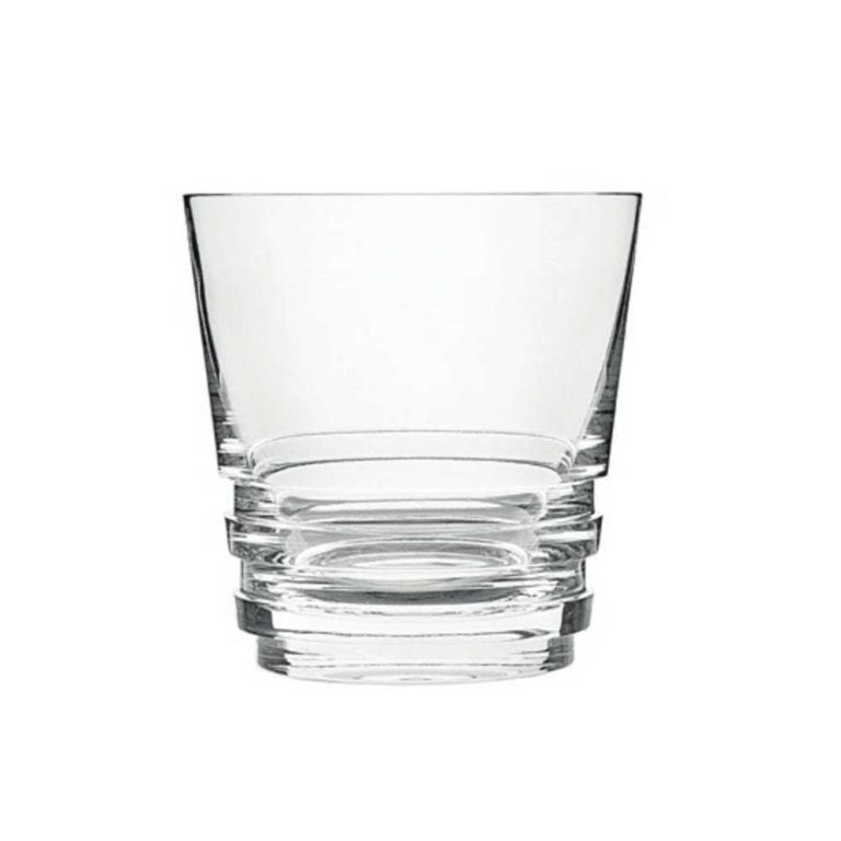The Oxymore Drinkware by Saint-Louis, a clear glass tumbler with a wide rim and thick, stacked base, is displayed against a plain white background.