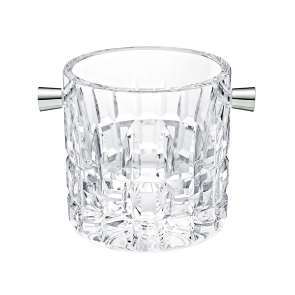 The Manhattan Ice Bucket by Saint-Louis/Hermes features clear, intricately cut crystal and two silver handles, making it an elegant addition to your bar setup, shown against a white background.