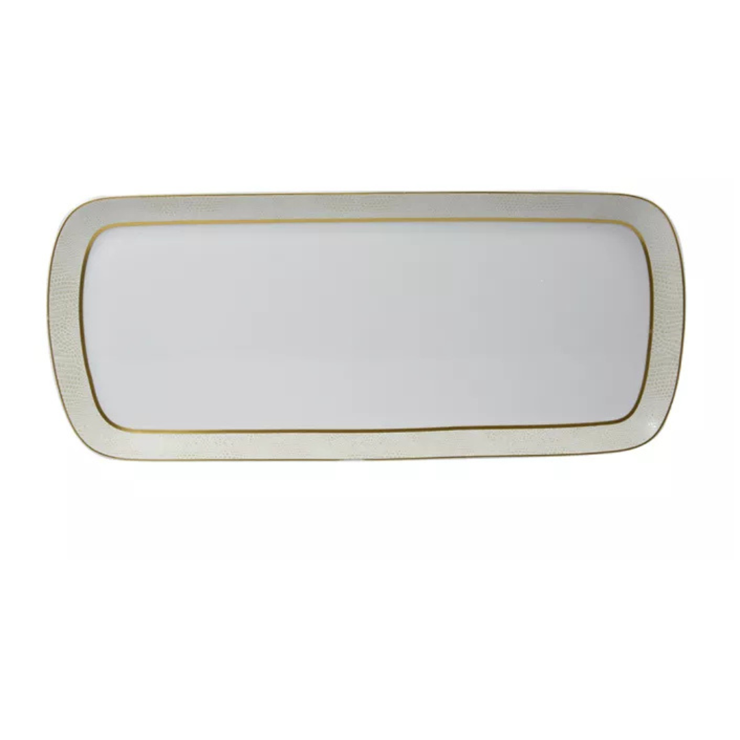The Bernardaud Sauvage Gold Dinnerware features a rectangular white serving platter with rounded corners and a thin gold border, crafted from Limoges porcelain and set against a white background.