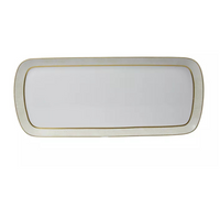 The Bernardaud Sauvage Gold Dinnerware features a rectangular white serving platter with rounded corners and a thin gold border, crafted from Limoges porcelain and set against a white background.