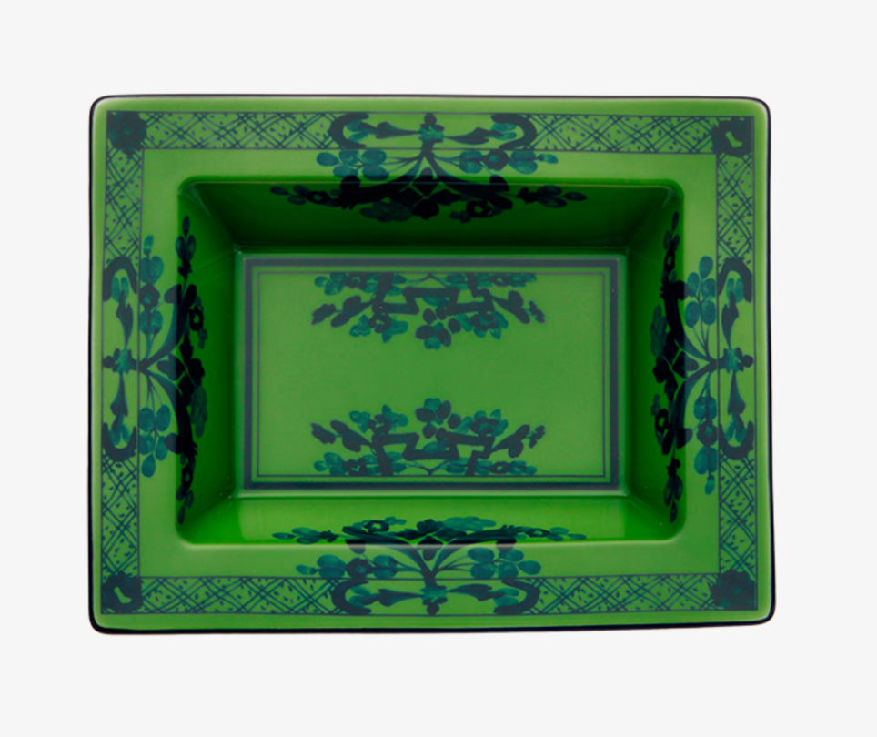 The Oriente Italiano Dinnerware Malachite by Ginori 1735 is a rectangular green ceramic dish with dark blue floral and geometric edge patterns—a striking piece of Italian tableware, shown from above.