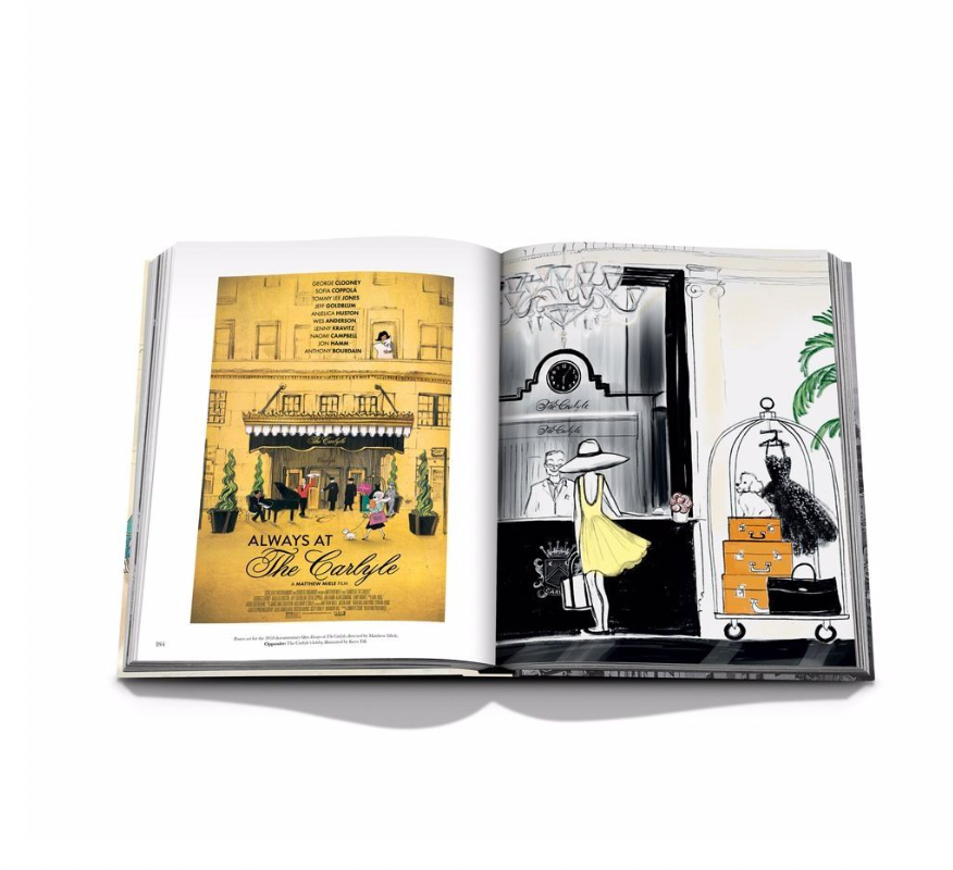 An open book, "The Carlyle" by Assouline, displays an illustration of The Carlyle Hotel entrance on the left and a woman in yellow speaking to a concierge by a luggage cart in its iconic Upper East Side lobby on the right.