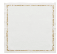 The Kim Seybert Impression White & Gold Napkin Set of 4 features white linen napkins with an elegant gold metallic stitched border, shown flat against a white background.