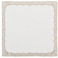 Elevate your table with the Kim Seybert Frame White, Gold & Silver Napkin Set of 4, featuring white linen and a metallic embroidered border for timeless sophistication. Discover elegance in every detail.
