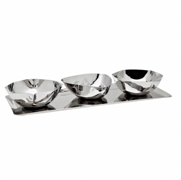 The Godinger Auburn 3-Part Snack Dish & Tray features three shiny stainless steel bowls with irregular edges, arranged on a matching reflective tray. Both the tray and bowls showcase a modern, minimalist design.