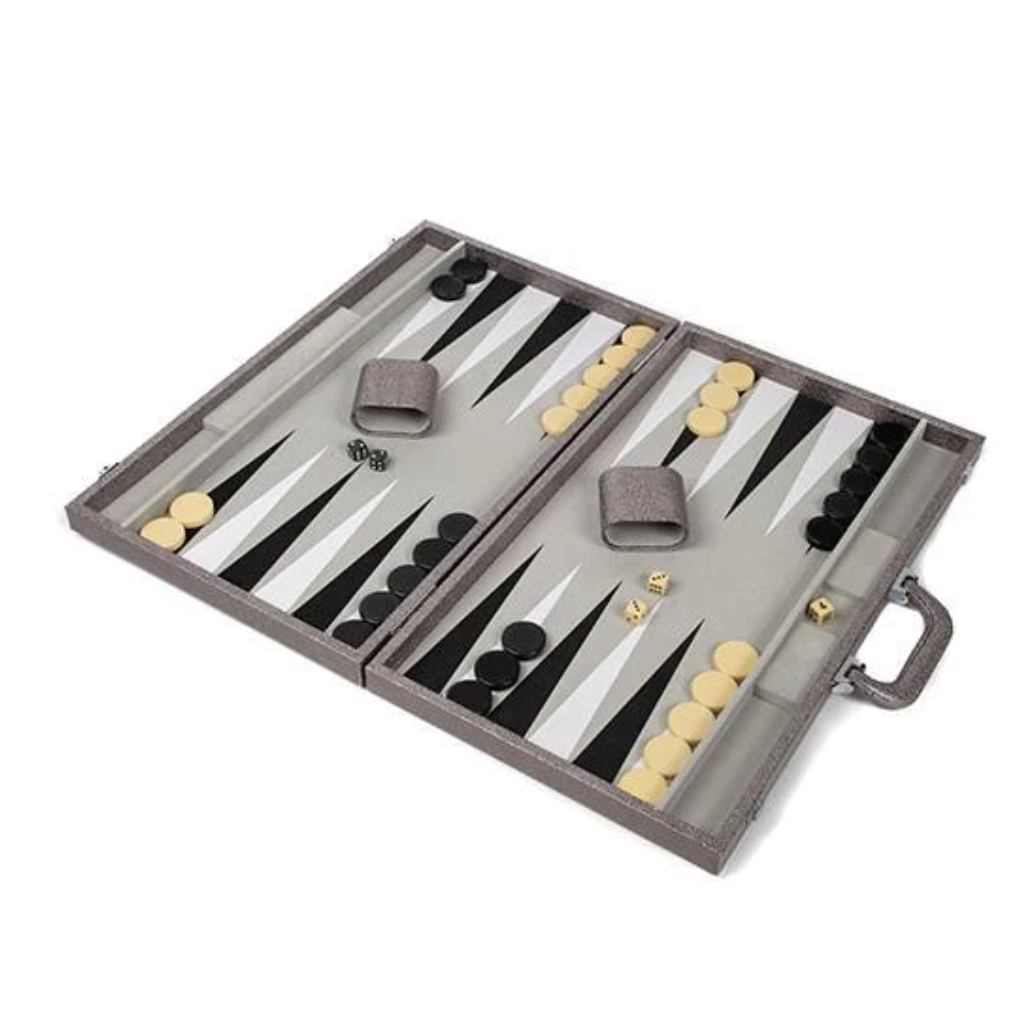 Open Brouk & Co Backgammon Set Onyx Silver featuring beautiful craftsmanship with black and white triangular points, light and dark checkers, two dice cups, and four dice.