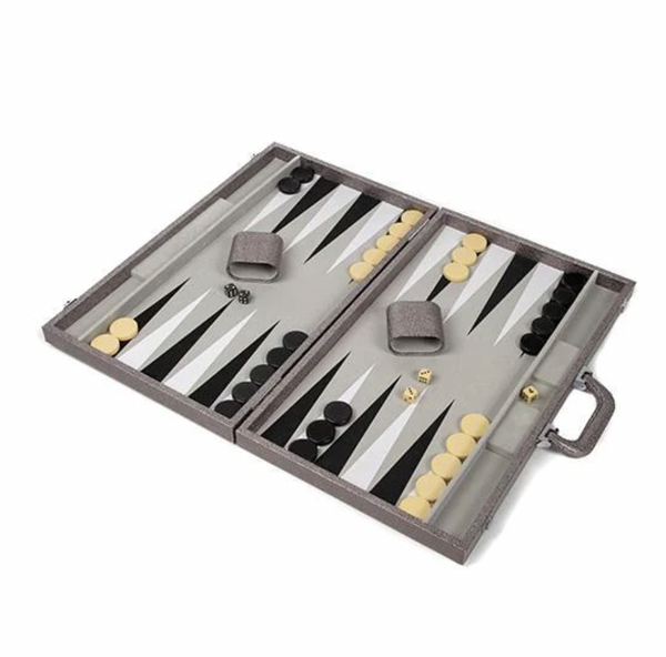 Open Brouk & Co Backgammon Set Onyx Silver featuring beautiful craftsmanship with black and white triangular points, light and dark checkers, two dice cups, and four dice.
