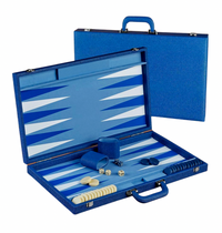 The Onyx Pebble Blue Backgammon Set by Brouk & Co is shown both open and closed, featuring blue and white points, game pieces, and dice.