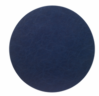 A round, dark blue vegan leather placemat with a textured finish, photographed on a white background—stylish and easy to care for.