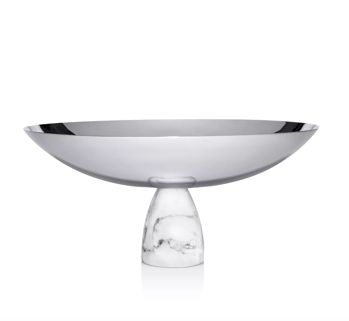 The Coluna Carrara Marble Fruit Bowl by Anna New York features a shiny silver metallic dish and a smooth Italian Carrara marble pedestal base, shown against a plain white background.