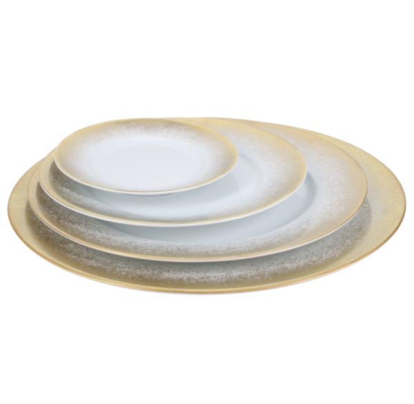 Add contemporary elegance to your table with the Yellow Fire Dinnerware by Royal Limoges, a stack of white plates featuring a yellow gold rim crafted from fine Limoges porcelain.