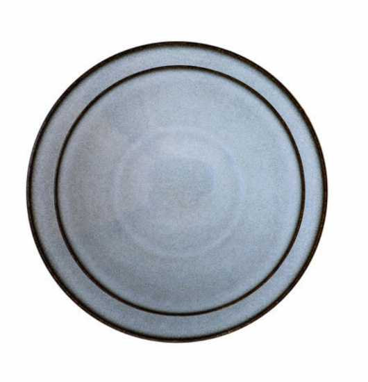 The Tourron Ecorce Dinnerware Bleu & Grey by Jars - Rosenthal is a round, light blue stoneware plate with subtle speckles and two dark rims, shown from above on a white background. Handmade in France and built for durability.
