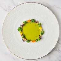 A Raynaud Mineral Irise Gold Filet plate showcases a circular green sauce with colorful vegetables, green leaves, and edible flowers around the edges on marble—a Thierry Cheyrou–inspired creation.