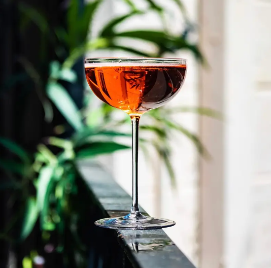 A Richard Brendon Cocktail Collection Classic Coupe Glass, filled with a reddish-orange drink, rests on a sunlit railing amid green plants and a blurred light background, highlighting the elegance of this lead-free crystal set.