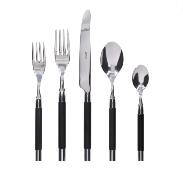 The Capdeco Conty Flatware 5 Piece Setting - Black Wood includes two forks, a knife, a tablespoon, and a teaspoon with shiny 18/10 stainless steel heads and black handles, displayed upright in a row on a white background.