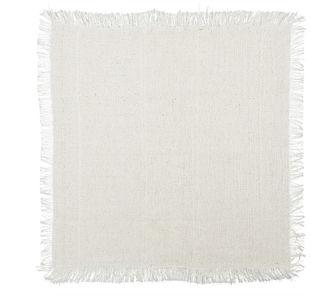 The Kim Seybert Fringe Napkin White & Silver Set of 4 features square linen napkins with fringed edges, adding farmhouse chic style, shown flat against a white background.