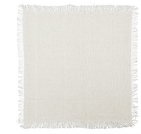 The Kim Seybert Fringe Napkin White & Silver Set of 4 features square linen napkins with fringed edges, adding farmhouse chic style, shown flat against a white background.