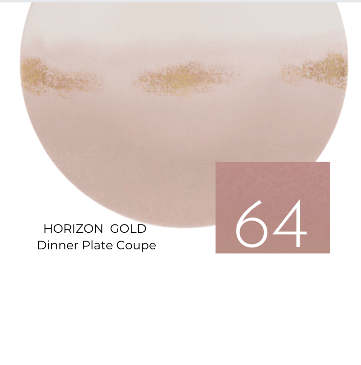 A round, pink porcelain dinner plate by Marie Daâge, featuring a gold hand-painted brushstroke near the rim. Labeled "Horizon Gold Dinnerware." A mauve square with “64” appears in the lower right. Made in France.