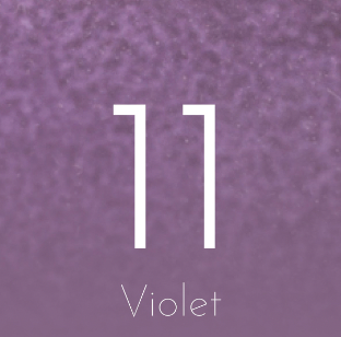The image features the number 11 in white on a textured violet background, with "Violet" below in a thin font, evoking the hand-painted French Marie Daâge Horizon Gold Dinnerware by Marie Daâge.