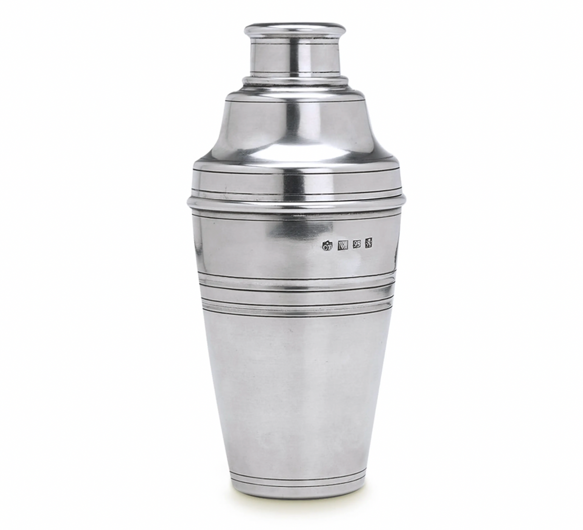 The MATCH Cocktail Shaker by MATCH is crafted from lead-free pewter with a tapered shape and decorative bands, shown upright on a white background—an elegant choice to elevate your home bar.