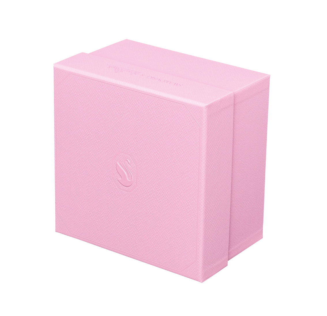 A textured, light pink rectangular luxury gift box with a subtle embossed “S” logo holds the Swarovski Signum Rose Pink Mug by Swarovski x Rosenthal, photographed against a white background.