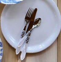The Vietri Aladdin Brilliant Flatware 5 Piece Setting, with pearlized handles, is neatly arranged on a white plate atop a light wooden table.