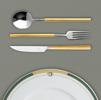 The Domo Matt Gold Flatware 5 Piece Setting by Vista Alegre, with yellow handles, is arranged above a plate with a green, gold, and white border on a gray surface.
