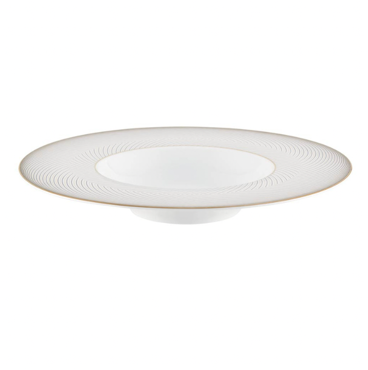 The Raynaud Oskar Dinnerware soup plate features white Limoges porcelain with a wide, flat rim accented by subtle gold lines and a fine gold edge. Its recessed center is perfect for soups or pasta, making it a refined addition to your table.