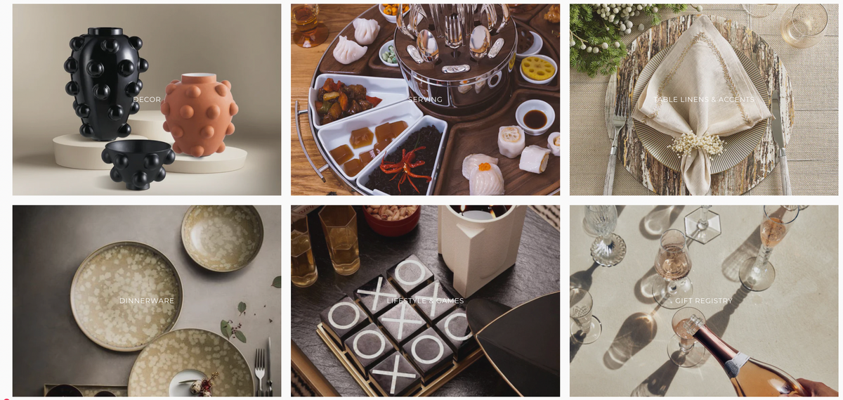 A vibrant collage of chic vases, a dim sum feast, an elegant table setting, ceramic dishes, a designer tic-tac-toe set, and wine glasses—perfect inspiration for your Current Home NY Gift Card or virtual design consultation.